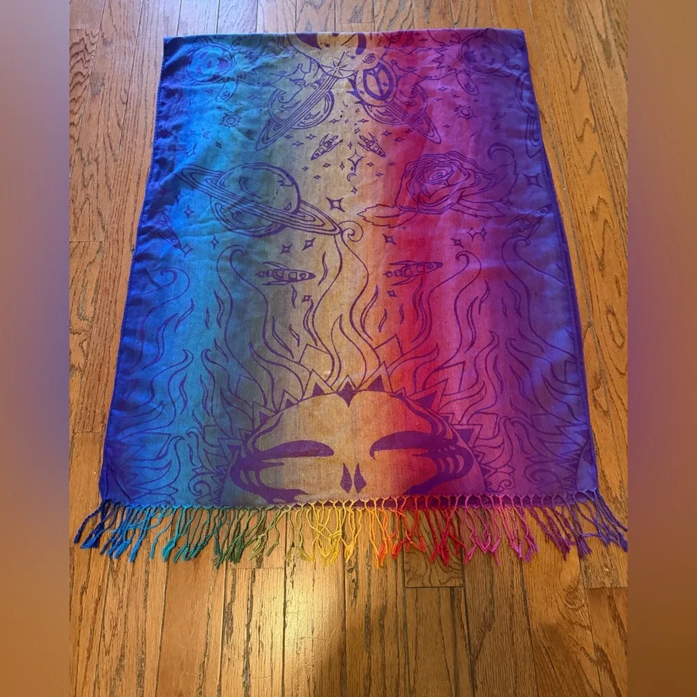 Rainbow Celestial Fringe Scarf Boho Festival Wrap Shawl 70x28 Cosmic Star Moon